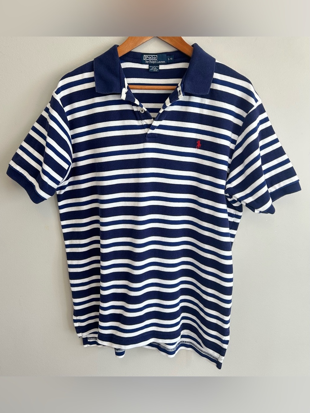 Vintage 90s Polo Ralph Lauren Polo Shirt Mens L White Blue Rugby Striped Pony